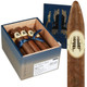 Caldwell Collection The King Is Dead The Last Payday Cigars 24Cnt. Box, a wooden box filled with cigars wrapped in cream labels and tied with a blue ribbon, and a large, unlit cigar with a matching label.