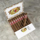 Romeo y Julieta 1875 Cigars, open cigar box with ten cigars arranged in a row and one cigar outside, featuring red and white bands and detailed packaging artwork inside the lid.
