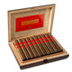 Rocky Patel Sun Grown Cigars, opened wooden cigar box containing ten cigars with red and gold bands and Sun Grown logo inside