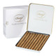 Davidoff Minis Club Cigarillos 50Ct. Pack, open metal tin with miniature cigars arranged inside and its white box packaging in the background.