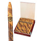 Dolce Vita Cafe Coffee Dark Edition Lancero Cigars 20 Count Box, image of a cigar and an open box containing multiple cigars with a wooden finish and decorative bands.