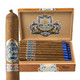 Don Pepin Garcia Blue Lanceros Cigars 24Ct. Box, opened wooden box showcasing 24 hand-rolled cigars with blue bands, alongside one cigar outside of the box, all featuring premium packaging and elegant branding.