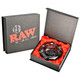 RAW The Dark Side Ashtray, glass ashtray with a cut design and RAW branding, presented in a stylish box with red satin lining.