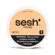 Sesh Tobacco Free Nicotine Pouch Mango, round container with peach-colored label and black text, indicating 8 mg nicotine strength, made in Sweden, and containing 20 pouches.
