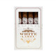 Montecristo Rocky Patel Cigars White Label Robusto Grande Sampler 4ct, box of premium cigars with white and gold packaging and clear window showing four cigars with matching bands.