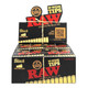 RAW Black Rolling Papers W-Wide Pre-Roll Tips 20ct/18, display of black packaging boxes of RAW pre-rolled tips with bold red and yellow text and QR code.