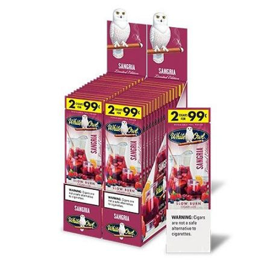 Swedish Match White Owl Cigarillos Sangria, display box containing 30 pouches of White Owl Sangria cigarillos with colorful packaging and a warning label.