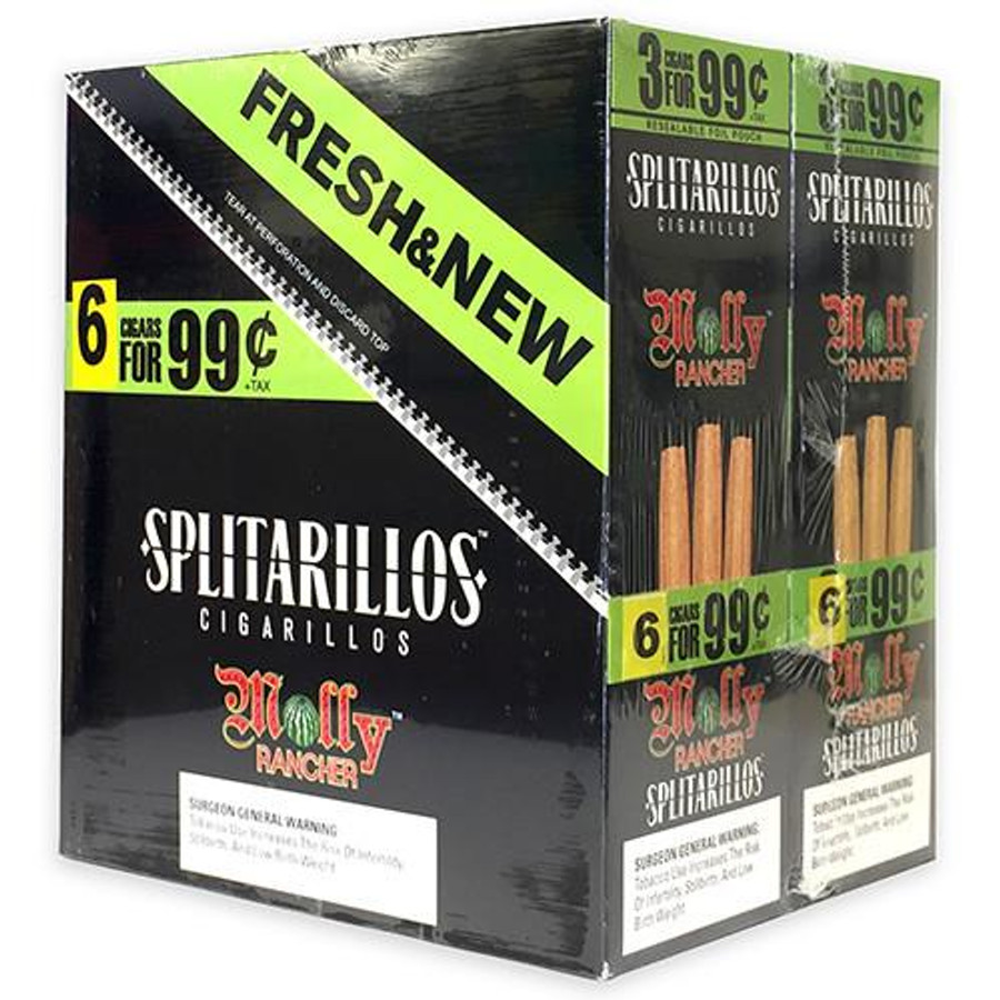 Trendsettah Inc Splitarillos Cigarillos Molly 30 Pouches of 3, packaging box with black, green, and white colors displaying product details and promotional offers. Trendsettah Inc Splitarillos Cigarillos Molly 30 Pouches of 3, packaging box with black, green, and white colors displaying product details and promotional offers.