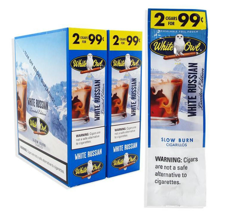 Product Swedish Match White Owl Cigarillos White Russian 30 Pouches of 2, box and foil pouch with blue and yellow packaging, white owl logo, and image of cigarillo with drink.
