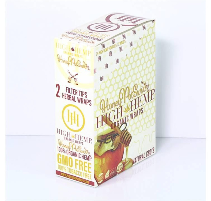 High Hemp Organic Wraps Honey Pot Swirl 25Ct/2, product packaging showing honey pot swirl design and labeling highlighting organic, GMO-free, and tobacco-free features.