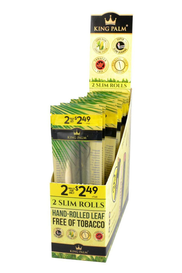 King Palm Wraps Slim Rolls 2PK - 20CT, display of a pack of natural palm leaf rolling wraps with hand-rolled leaf, tobacco-free, featuring 2 slim rolls with promotional price labels.