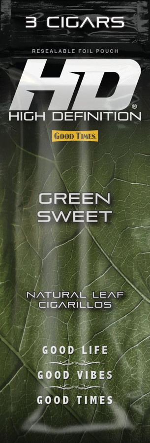 Good Times #HD Cigarillos Green Sweet 15 Packs of 3, resealable foil pouch with green leaf design, featuring branding and product details for natural leaf cigarillos.