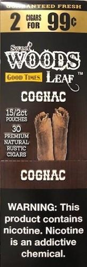 Good Times Sweet Woods Cognac 15 Pouches of 2, product packaging featuring cigar images and nicotine warning label.