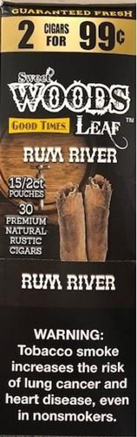 Good Times Sweet Woods Rum 15 Pouches of 2, packaging box with images of rum cigar pouches and product details.