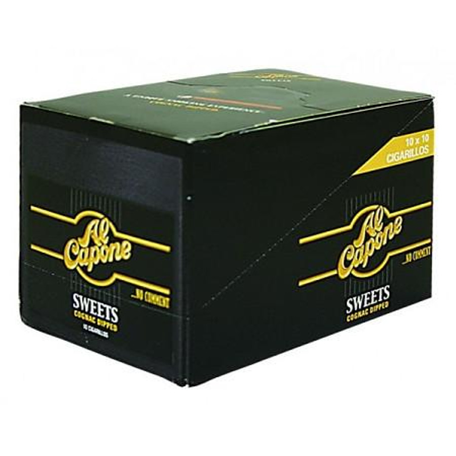 Inter-Continental Cigar Corporation Al Capone Sweets Filter Cigarillos, black box packaging with yellow and gold branding and label indicating 10 packs of 10 cigarillos each.