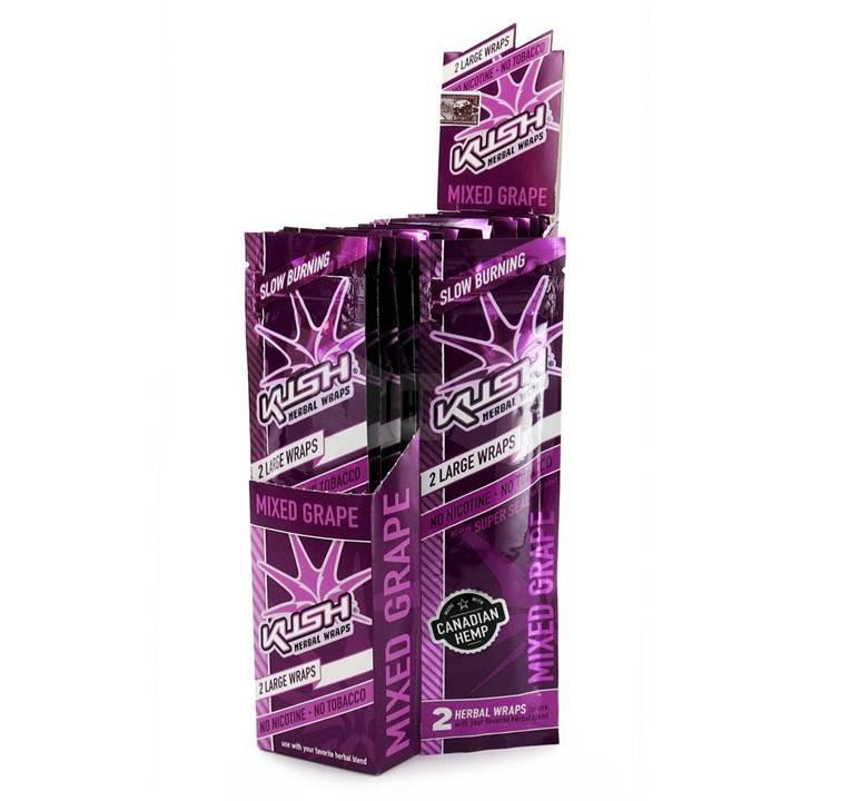 Kush Herbal Hemp Wrap Mixed Grape, packaging showing purple and white design with product details and branding.