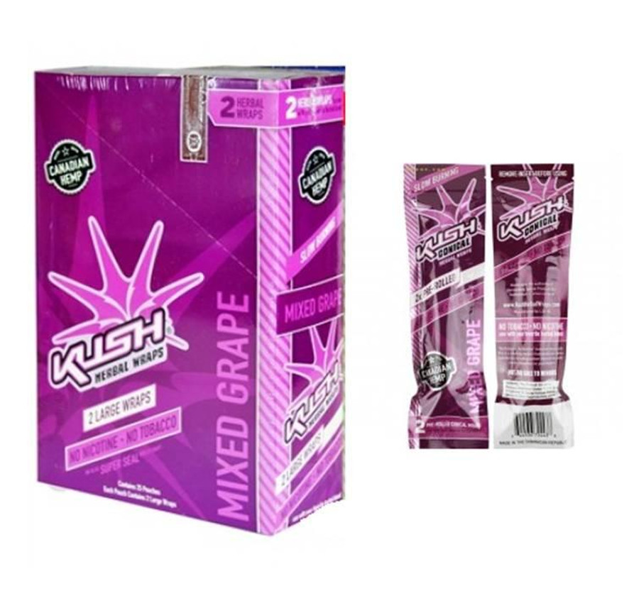 Kush Conical Herbal Hemp Pre-Rolled Cone Wraps Mixed Grape, product packaging and two cone wraps outside the box.