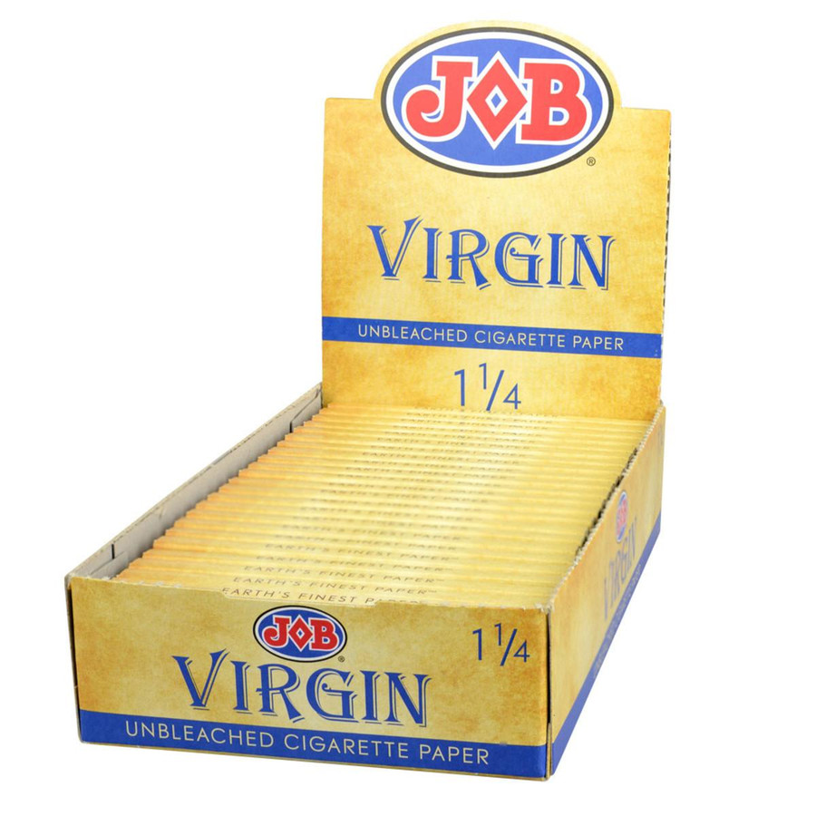 Product Republic Group JOB Virgin Cigarette Paper 1.25 24Ct, open box displaying multiple packs of unbleached cigarette paper with the product branding.