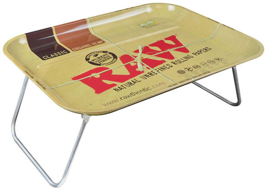 RAW Raw Rolling Tray XXL With Legs, a large yellow rolling tray with red and black print, featuring metal legs for elevated storage or organization.
