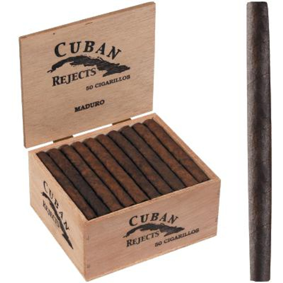 Cuban Rejects Classic Cigarillos Maduro 50 Ct. Box, open wooden box containing 50 dark Maduro cigarillos with one cigarillo shown separately, highlighting the product packaging and cigars.