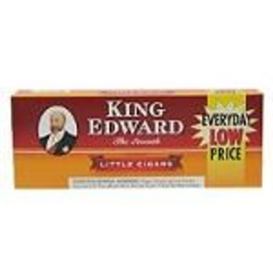 Swisher International King Edward Filtered Cigars Regular, box of King Edward filtered cigars with red and gold packaging.