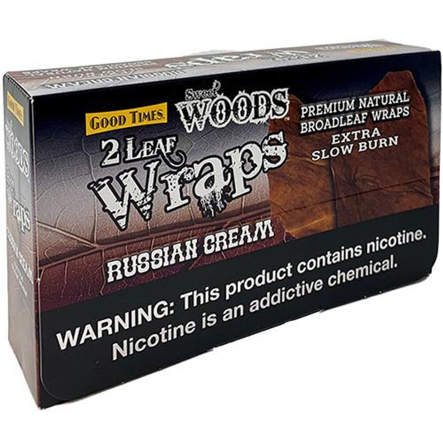 Good Times Sweet Woods Russian Cream Wraps, packaging of 30 packs of 2 broadleaf wraps with premium natural ingredients, featuring a warning label about nicotine content.