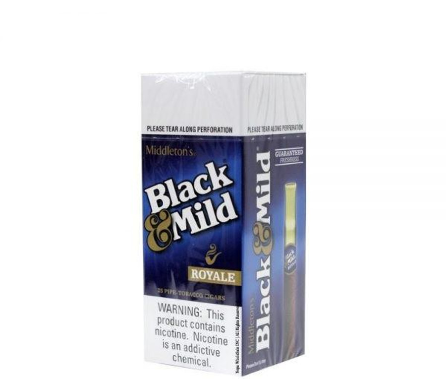 John Middleton Black & Mild Royale Cigars Box, packaged tobacco product with a white, blue, and gold design featuring the brand name and warnings.
