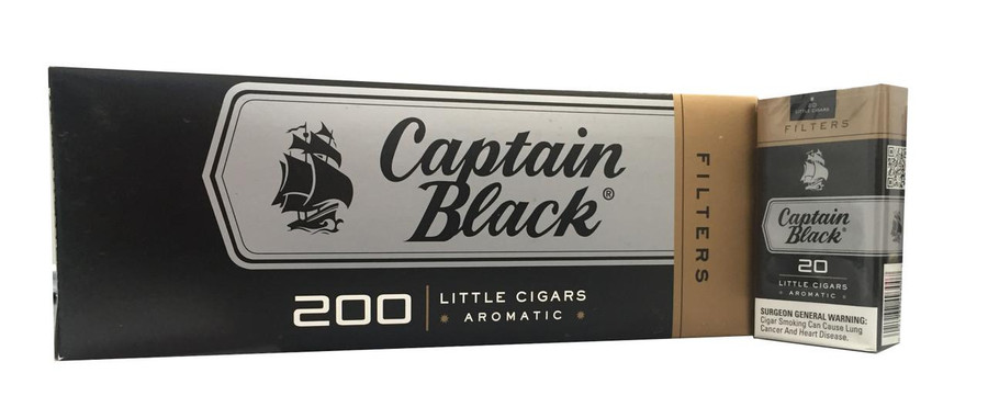 Product Scandinavian Tobacco Captain Black Little Cigars Filter, black and gold box with the Captain Black logo and image of a sailing ship. Product Scandinavian Tobacco Captain Black Little Cigars Filter, black and gold box with the Captain Black logo and image of a sailing ship.