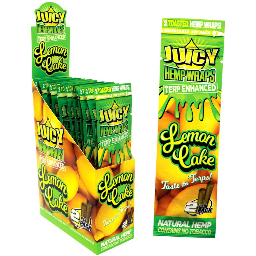 Juicy Jay Juicy Hemp Wraps Terp Enhanced Lemon Cake, colorful package with lemon and hemp leaf illustrations highlighting natural hemp and terpene infusion.