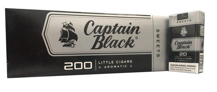 Scandinavian Tobacco Captain Black Little Cigars Sweet, packaging of 200 aromatic little cigars with a black and white design featuring a sailboat logo.