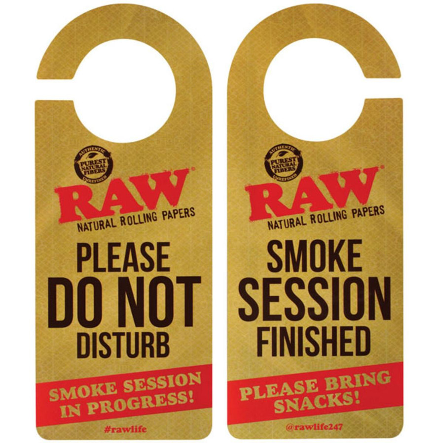 RAW Raw Door Hanger - 8"x3", set of two natural fiber door hangers with printed messages for smoking and request for snacks in SEO optimized description.