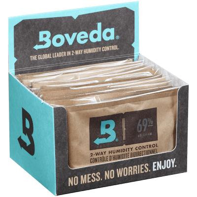 Boveda Humidifier Humidpak, display of multiple 2-way humidity control packs in a teal and black box for maintaining optimal moisture levels.