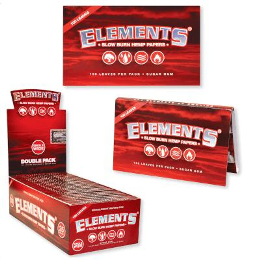 RAW Elements Cigarette Rolling Papers RED Single Wide 25/100, image showing packs of slow burn hemp rolling papers in red packaging with branding and product details. RAW Elements Cigarette Rolling Papers RED Single Wide 25/100, image showing packs of slow burn hemp rolling papers in red packaging with branding and product details.