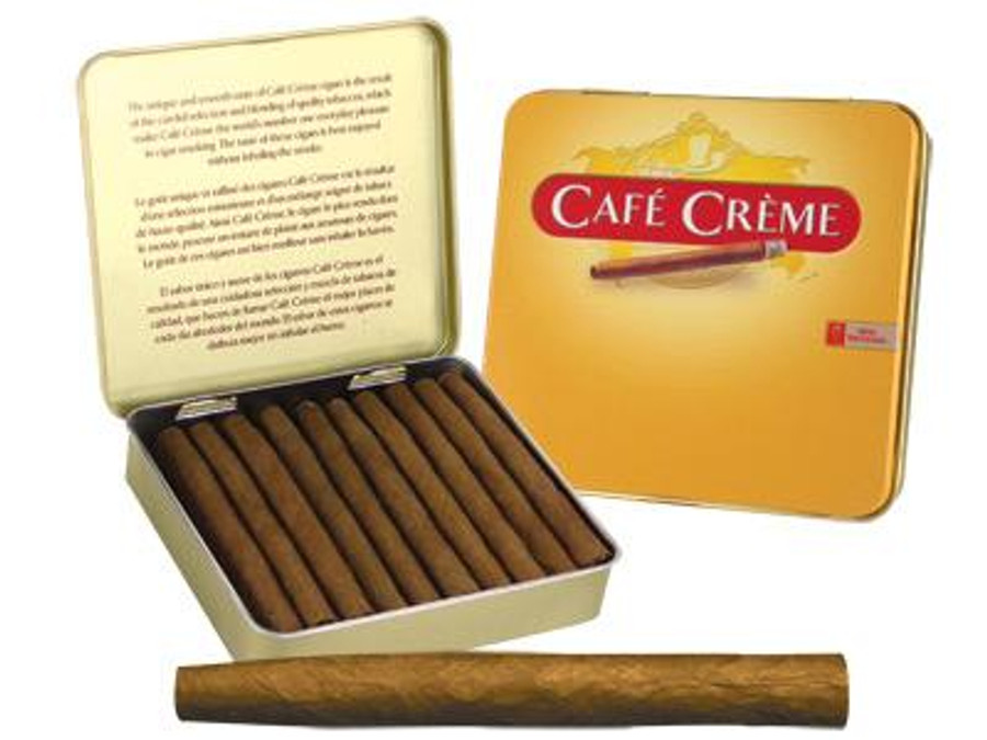 Cafe Creme Cigarillos 5 Tins of 20, open tin showcasing cigars inside with one cigar outside the tin, yellow and red packaging design.