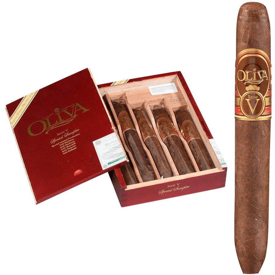 Oliva Serie V Limited Sampler 5 Ct. Box, a wooden box containing five cigars with a close-up of one cigar showing its band.