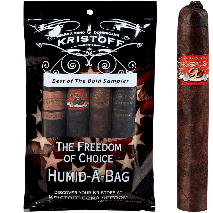 Kristoff Best Of Bold Humidibag 4 Ct. Pack, image showing a pack of four cigars with a dark wrapper and a red band, accompanied by a single cigar outside the pack.