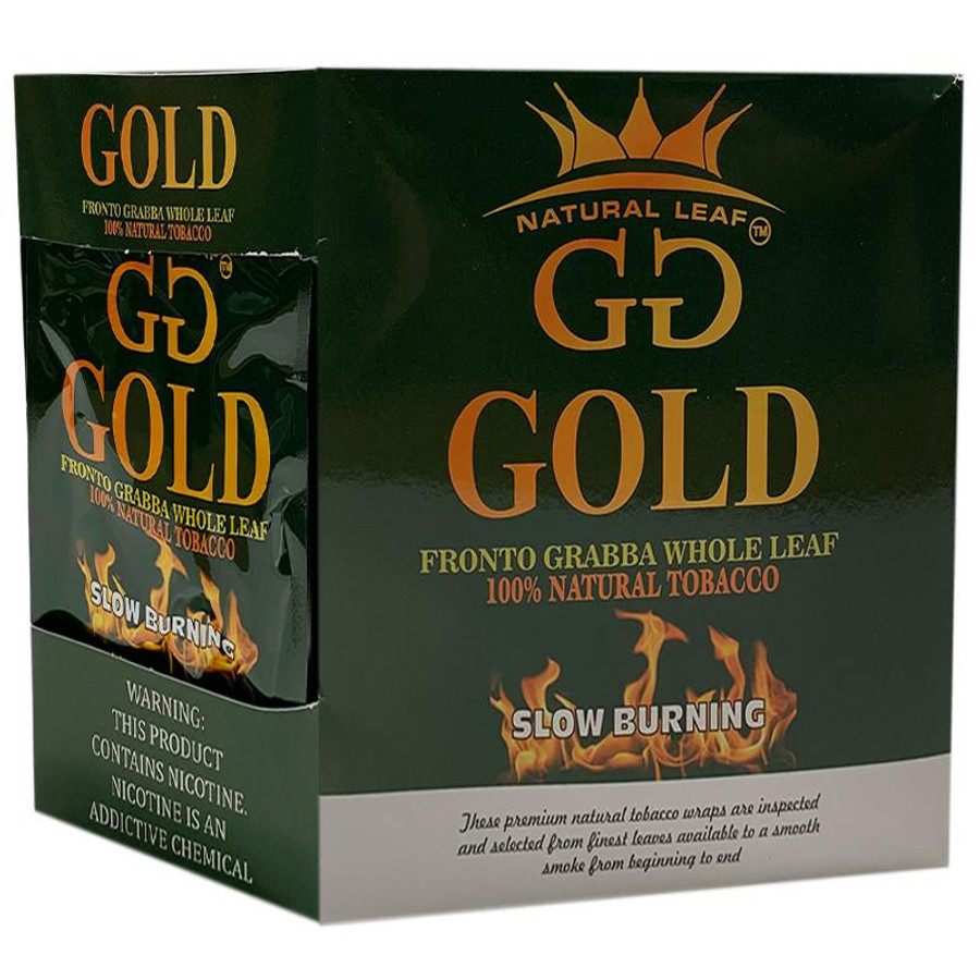 Product Grabba Leaf Tobacco GG Gold Whole Cigar Leaf 10Ct, green packaging box with gold and orange text and flame graphic indicating slow burning property.