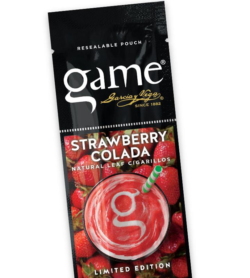 Swedish Match Game Cigarillos Foil Strawberry Colada 30 Packs of 2, resealable pouch featuring strawberry imagery and a glass with a striped straw showcasing the flavor.