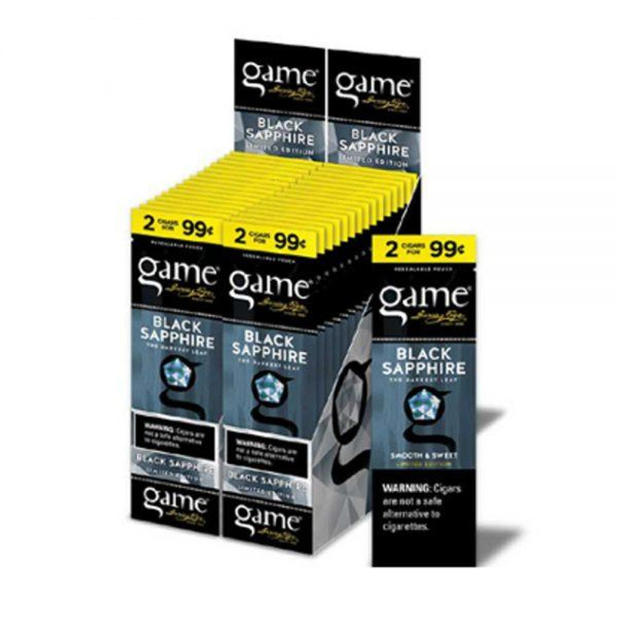 Product Swedish Match Game Cigarillos Foil Black Sapphire 30 Pouches of 2, display of black and blue cigarillo pouches with diamond logo and yellow promotional labels.
