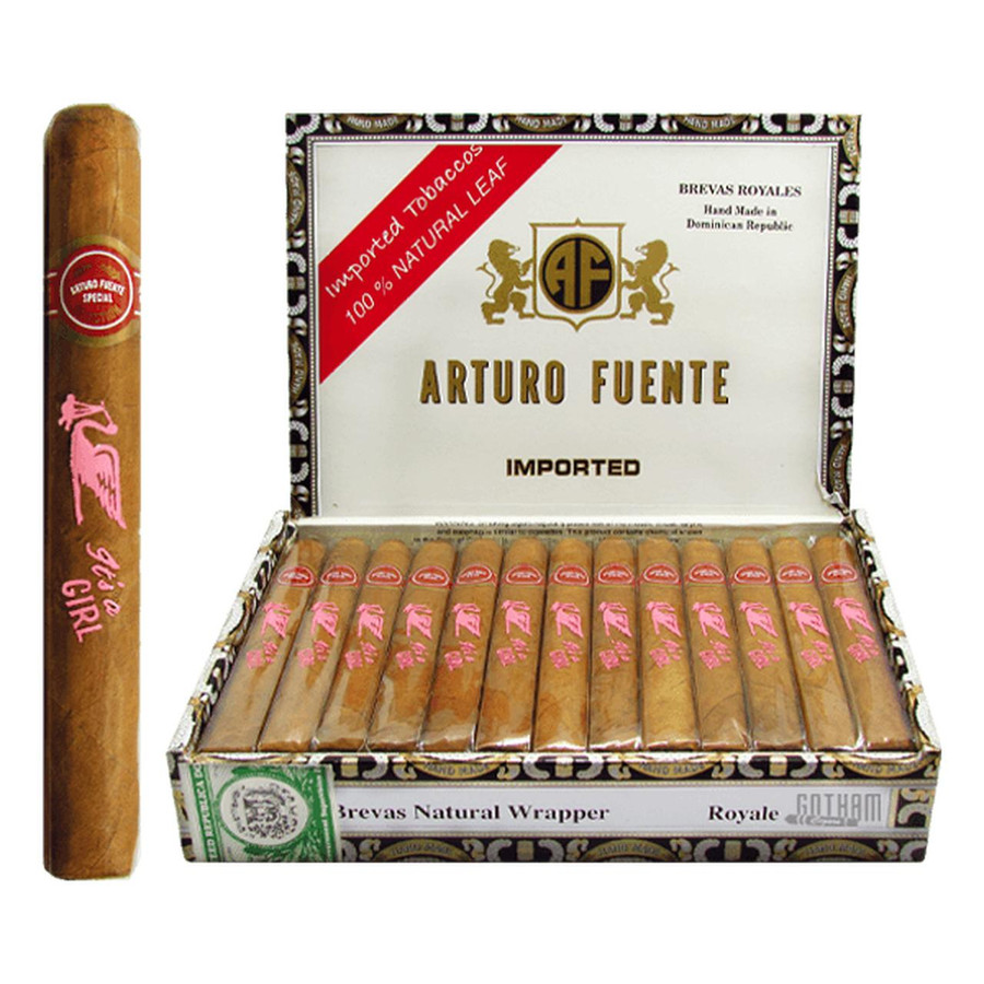 Arturo Fuente Brevas It's A Girl, cigar pack with a single cigar displaying a pink flamingo and the text It's A Girl, and a box of Arturo Fuente Brevas cigars with gold lettering, logo, and decorative border.