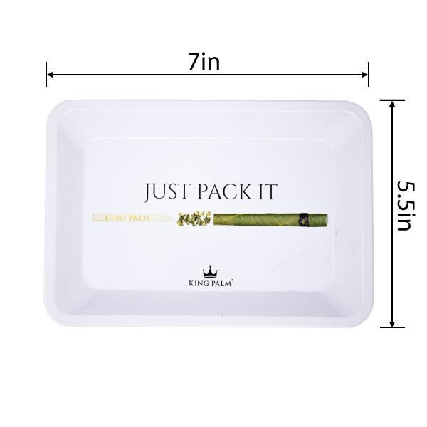 King Palm Rolling Tray Small - Just Pack It, rectangular white tray with dimensions 7 inches by 5.5 inches, featuring a graphic of a pre-rolled joint and green herbs in the center.