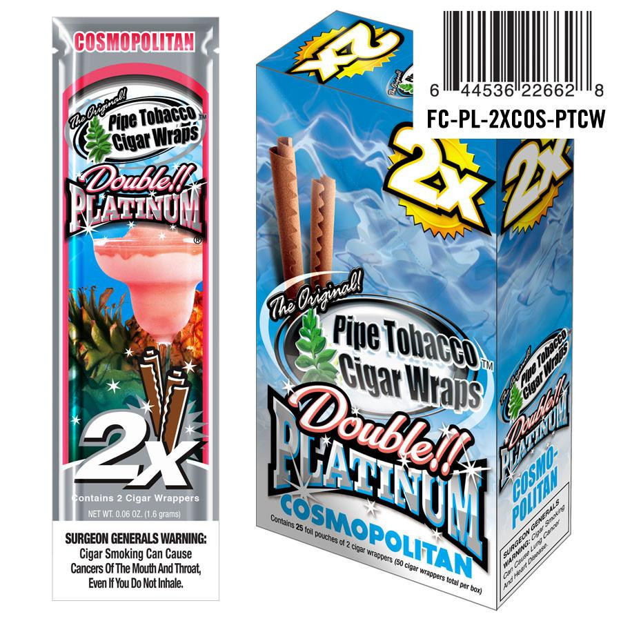 National Almond Honey Double Platinum Blunt Wraps Cosmopolitan 25/2 Ct, product packaging with blue and silver design, cigar wraps illustration, barcode, and warning label.