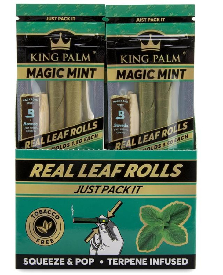 King Palm Wraps, King Palm Slim Rolls Magic Mint 20Ct/2, pack of natural palm leaf rolling wraps infused with mint and terpenes, tobacco-free, includes three Boveda humidity control packs.