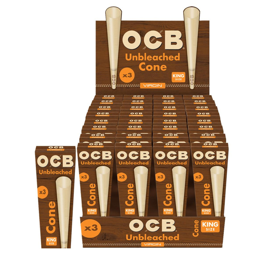 OCB Unbleached Virgin Cones 1 1/4, a box of 6 packs of king size unbleached rolling cones for rolling cigarettes.
