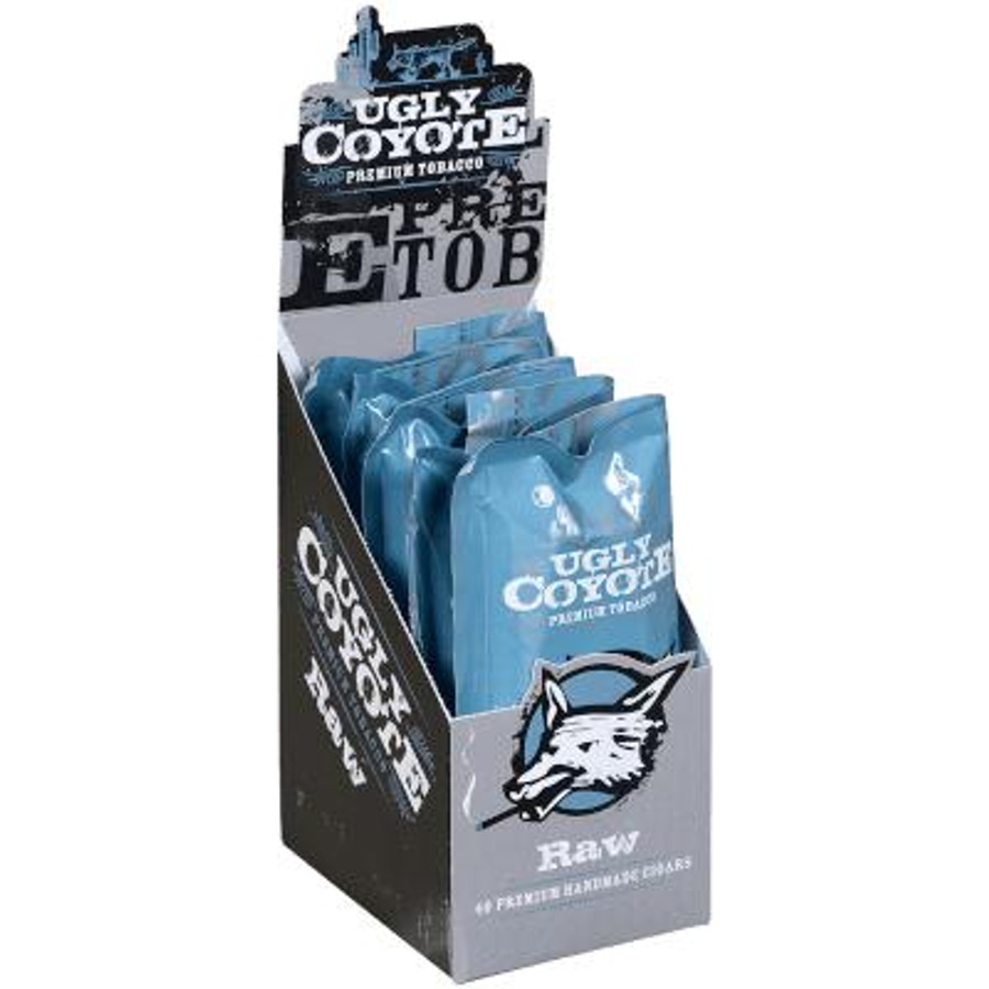 Ugly Coyote Cigars Raw Un-Sweet 5/8 Packs, display box with blue individually wrapped cigar packs featuring a coyote logo and product labeling.