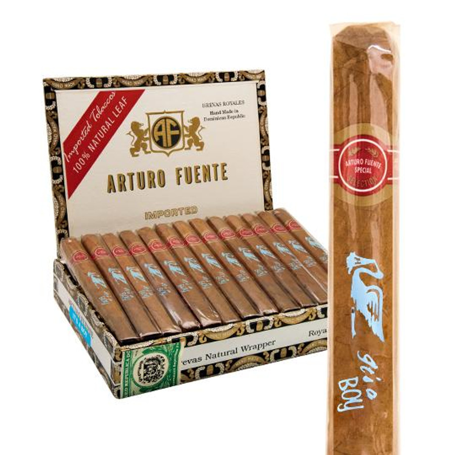 Arturo Fuente Brevas It's A Boy cigar, box of premium cigars with one cigar in a brown wrapper inside a paper band, and a display box with multiple cigars inside.