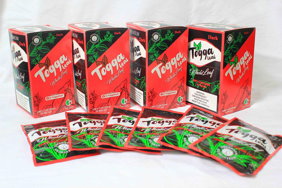 Togga Dark Whole Leaf 10 Pack, red and black packaging with green leaf illustrations and Loog Leaf branding, including individual packs of tea leaves.