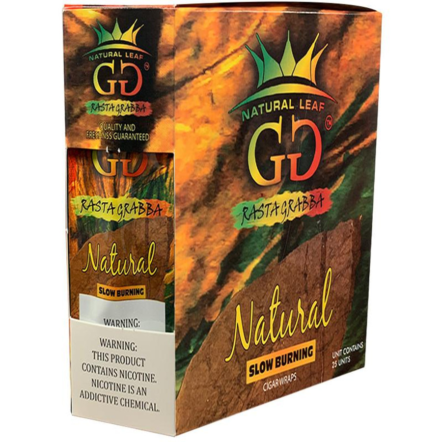 Product GG Rasta Grabba Natural 25 Pouches, packaging of natural cigar wraps with vibrant design and branding.