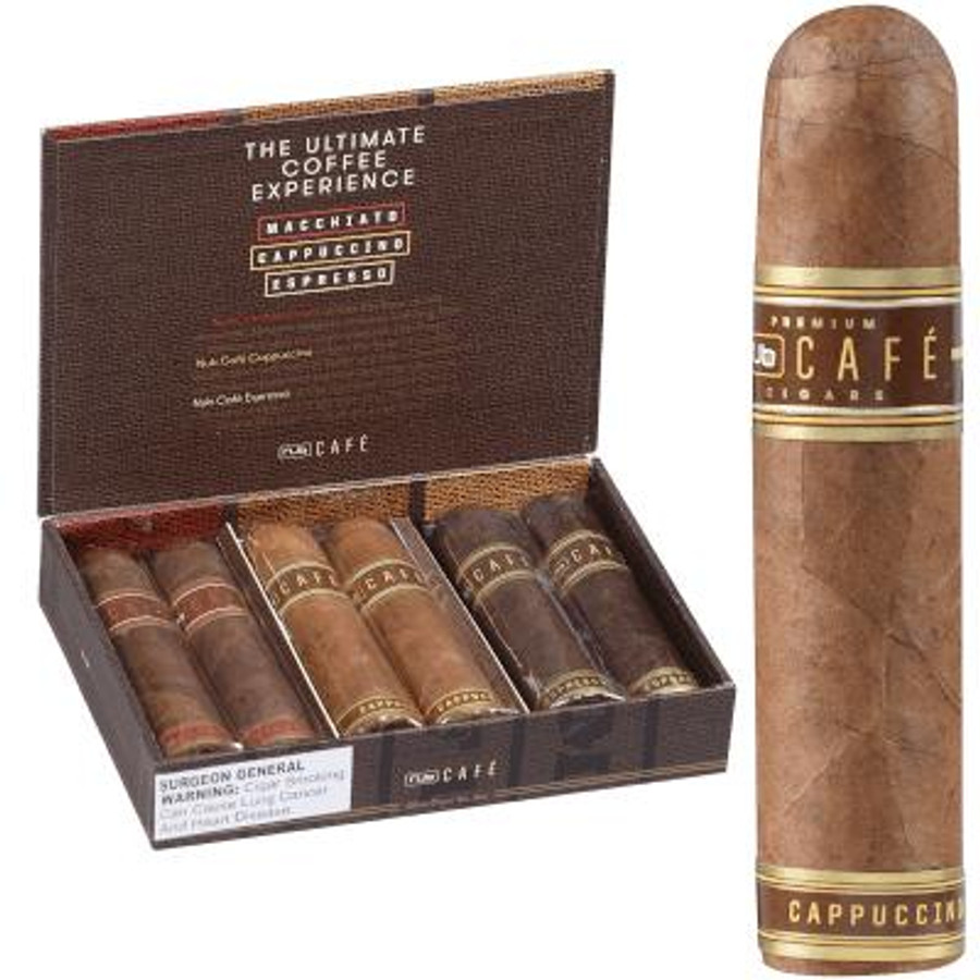 Nub Nuance Variety Cigar Sampler 6 Ct. Box, open box displaying six assorted cigars and one large cigar next to the box.