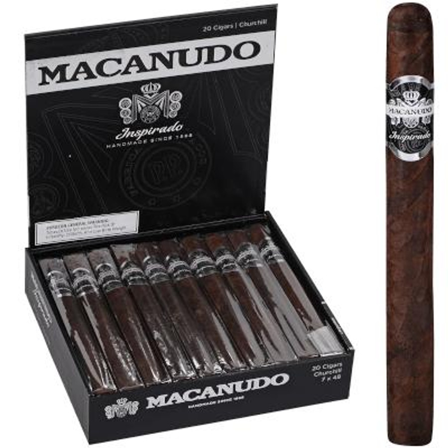 Macanudo Inspirado Black Cigars Churchill 20 Ct. Box 7.00X48, featuring a black box with the brand logo and a single cigar displayed alongside.